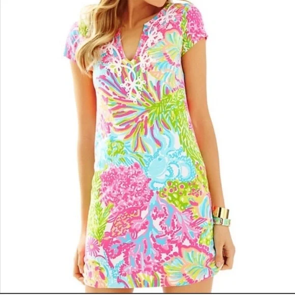 Lily Pulitzer Brewster Dress Coastal Neon Pink Green Sea Pattern Cotton Size XS - Picture 7 of 15